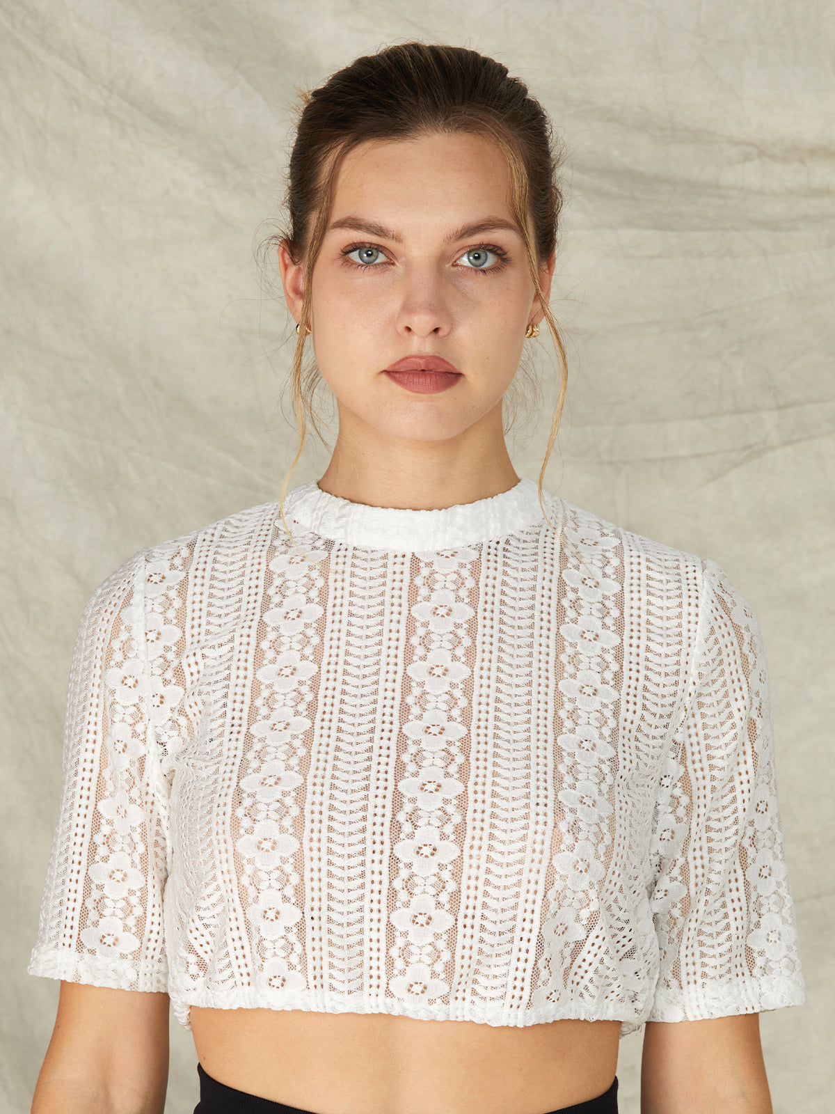 Weiß Hochgeschlossen Floralem Muster Dirndlbluse Andora